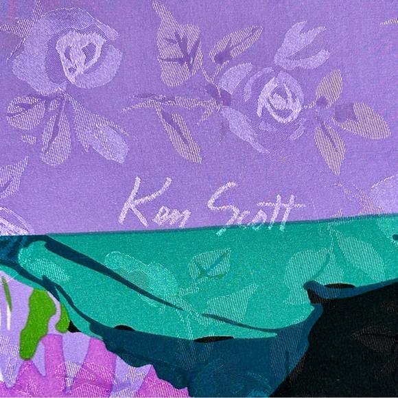 Ken Scott Vintage Floral Silk Scarf | Purple & Aqua Bold Flowers - Picture 5 of 9